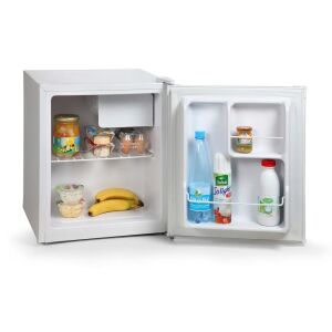 Mini frigider DOMO deschis, arătând interiorul cu rafturi, sticle și alimente - Mini-frigidere