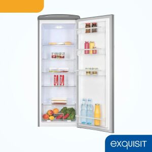 Exquisit Retro hűtőszekrény, 229 literes, szürke, nyitott ajtóval, polcokkal és ételekkel - Exquisit