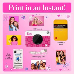 Barbie x Kodak Printomatic azonnali fényképezőgép, rózsaszín és fehér, fotókból, kiegészítőkből és funkciókból álló kollázs - Kodak