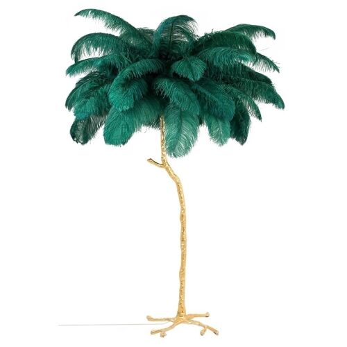 King Home Tiffany állólámpa zöld strucctollakkal és arany színű talpazattal