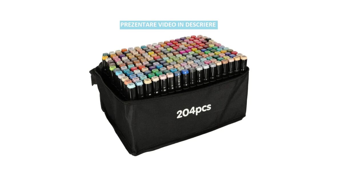Set 204 markere duble WePro Store, profesionale, subtire si gros, cerneala pe baza de alcool, geanta de depozitare, Multicolore 140728483