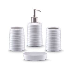 Zeller 4-teiliges Badezimmer-Accessoire-Set, weiße Keramik, beinhaltet Seifenspender, Zahnbürstenhalter, Becher und Seifenschale - Badezimmer-Zubehör