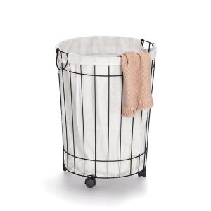 Zeller čierny kovový kôš na bielizeň s béžovou látkovou podšívkou a kolieskami, uterák je umiestnený na boku - Nádoby na špinavú bielizeň