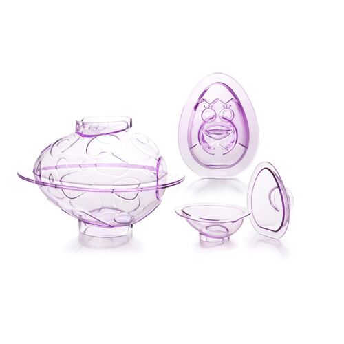 Sada 3 foriem na čokoládové veľkonočné vajíčka Ibili, zobrazujúca formy v priehľadnej fialovej farbe