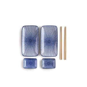 Ibili 6-teiliges Sushi-Set, Porzellan und Bambus, blau, enthält 2 Servierplatten, 2 Saucenschalen und 2 Paar Essstäbchen - Ibili