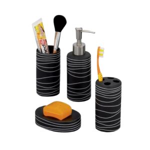 Sada 4 kúpeľňových doplnkov Zeller, čierna keramika, s dávkovačom mydla, držiakom na zubnú kefku, pohárom a mydlovníkom - Kúpeľňové doplnky