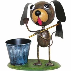 Kerti dekoráció, MagicHome, kiskutya kapával és vödörrel, fém, 27x16x29 cm, 27x16x29 cm