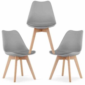 Set 3 Scaune Mercaton Grosseto, Stil Scandinav cu Picioare din Lemn, Sezut din PP si Perna din Piele Ecologica, Maxim 120 Kg, 49 x 45 x 82 cm, Gri Deschis