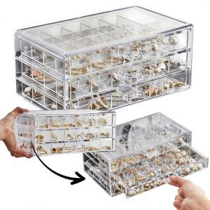 Ecarla 3-Schubladen-Schmuckorganizer aus klarem Acryl mit 72 Fächern, zeigt die Schubladen offen und geschlossen - Ecarla