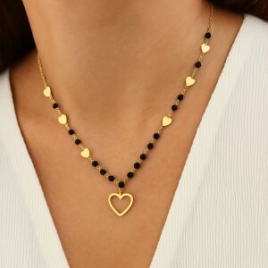 Doppelte Halskette mit goldenen Herzen und schwarzen Perlen – 14 Karat vergoldeter Chirurgenstahl, Ecarla, NST1419 128269556 - Halsketten für Damen