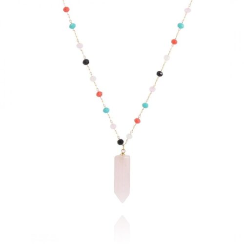 Колие Ecarla от позлатена неръждаема стомана с цветни мъниста и розов кристал висулка