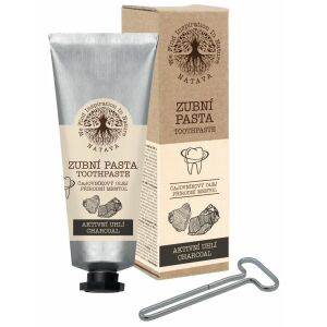 Pastă de dinți Natava cu cărbune activ, ulei de arbore de ceai și mentol, tub de 80g cu cutie și presă tub - Pastă de dinți