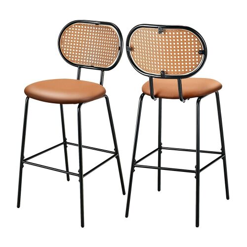 2 db Timeless Tools bárszék barna műbőr üléssel és fekete fém vázszerkezettel, fonott rattan háttámlával