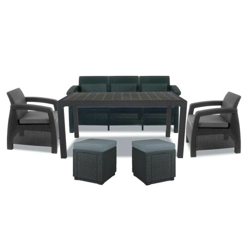 Corfu Love max duo cube kerti bútor szett, 3 személyes kanapé, 2 fotel, 2 puff, asztal