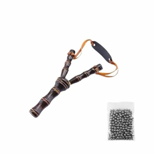 Sada drevených prakov a 100 kovových loptičiek, na airsoft a 6 mm prak, 19 cm, hnedá