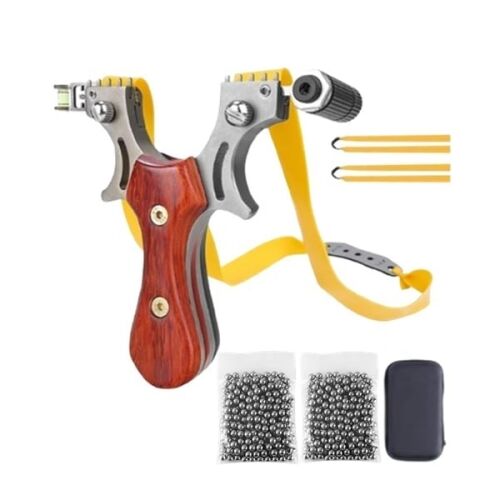 Zestaw metalowej procy z laserem i 200 metalowymi kulkami 7 mm, 12 cm, kula, rękojeść drewniana, brązowa, w zestawie etui 128278160