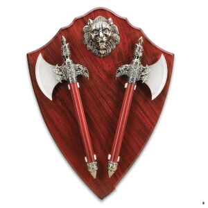 Zestaw dwóch dekoracyjnych toporów na stojaku drewnianym, panel ścienny, 55 cm, bordowy 128278472