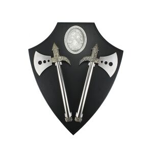 Zestaw dwóch dekoracyjnych toporów na stojaku drewnianym, panel ścienny, 55 cm, czarny 128278523