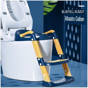 Scaun de toaletă Arvada® cu scară, albastru și galben, pentru copii de până la 10 ani, antiderapant, pliabil, înălțime reglabilă, 2 trepte, cu mânere, protecție împotriva stropirii - Reductoare de toaletă