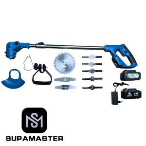Supamaster SAT-2788 cositoare fără fir cu set de accesorii de 15 piese, inclusiv 2 baterii, încărcător, husă de protecție, mâner reglabil, lamă metalică, 5 lame din plastic, bobină de fir și accesorii de montare - Masini de tuns iarba