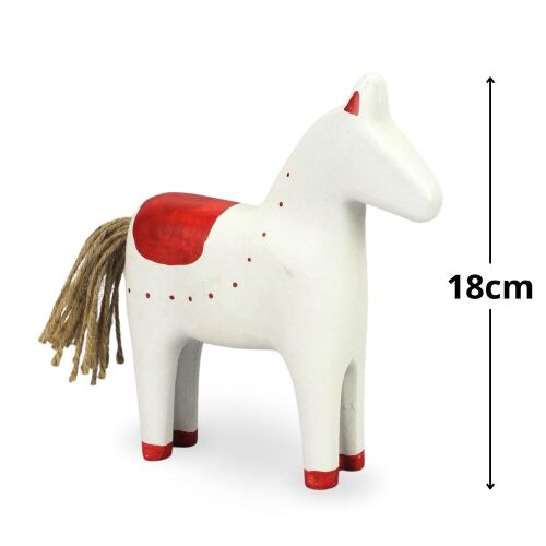 Fehér és piros fa ló figurka, 18cm magas, dekorációs dísz