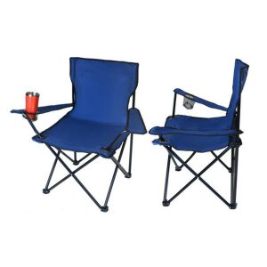 Kék összecsukható kempingszék italtartóval és állítható kartámaszokkal, elülső és oldalsó nézetben - Kényelmi eszköz