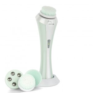 Jocca Style Facial Cleansing Brush with 3 interchangeable heads, including a soft brush, silicone head, and massage head with steel balls. Includes charging base and USB cable. - Facial care device