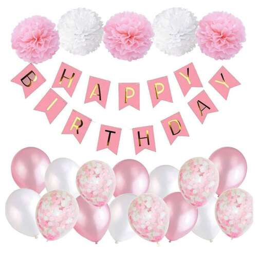 Születésnapi léggömb dekoráció - 21db készlet - rózsaszín