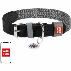 Természetes bőrből és újrahasznosított anyagból készült kutyanyakörv QR kóddal Waudog L méret, szélesség 25 mm, fekete (58931)