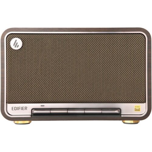 Edifier D32 hordozható Bluetooth hangszóró diófa kivitelben, a hangszórót elölről mutatja