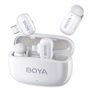 BOYA Mini Ultrakompakt vezeték nélküli mikrofon 2 adó + 2 vevő (USB-C + Lightning csatlakozó) + 1 töltőtok Fehér