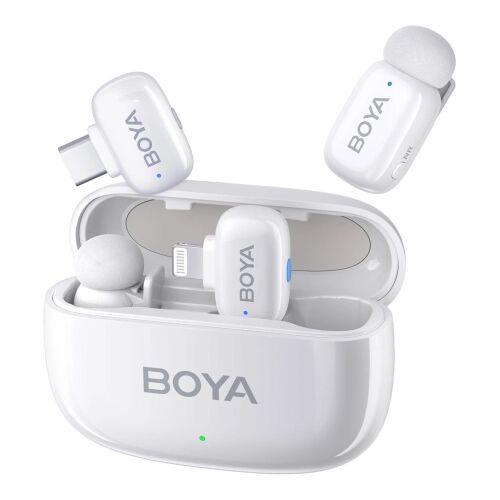 BOYA Mini Ultrakompakt vezeték nélküli mikrofon 2 adó + 2 vevő (USB-C + Lightning csatlakozó) + 1 töltőtok Fehér