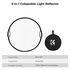 K&F Concept 5in1 derítőlap, reflektor fogantyúval 80cm (feh, fek, arany, ezüst, transp) + hordtáska 128309957 - Stúdiófény és Reflektor