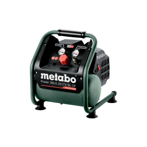 Metabo Power 160-5 18 LTX BL cordless compressor, green and black, with handle and two gauges