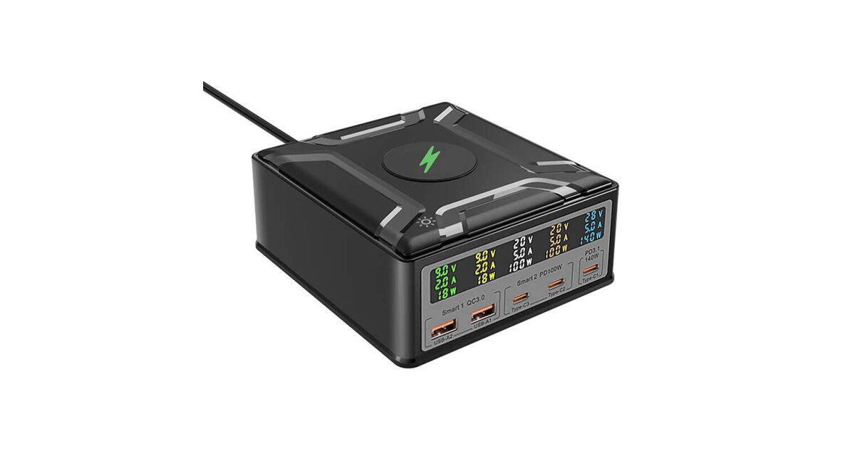 BlitzWolf® BW-S28 260W desktop 5x USB PD+QC3.0 încărcător rapid pentru desktop, 3x Type-C + 2x USB-A + port de încărcare fără fir Qi 128315974