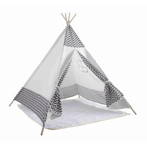 Aga4Kids MR7006 Teepee ZigZag játszó sátor fehér és fekete cikkcakk mintával, a sátor elejét és oldalát mutatja - Indián sátor