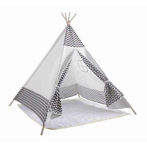 Aga4Kids MR7006 Teepee ZigZag játszó sátor fehér és fekete cikkcakk mintával, a sátor elejét és oldalát mutatja