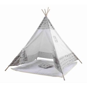 Aga4Kids Teepee ZigZag játszó sátor gyerekeknek, fehér és szürke szövet nyilakkal, párnával és játékszőnyeggel - Indián sátor