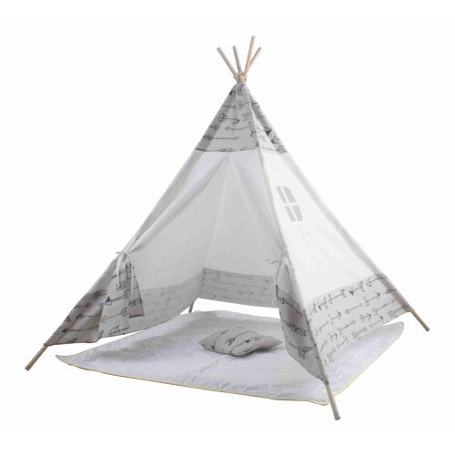 Aga4Kids Teepee ZigZag játszó sátor gyerekeknek, fehér és szürke szövet nyilakkal, párnával és játékszőnyeggel