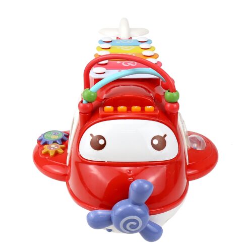 Piros és fehér repülőgép játék xilofonnal, formaválogatóval és fényekkel, elülső nézet