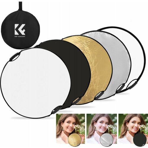 K&F Concept 5 az 1-ben Összecsukható Derítőlap Készlet Fogantyúval és Táskával, 60cm, Fehér, Fekete, Arany, Ezüst, Áttetsző