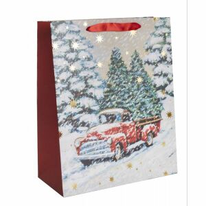 Weihnachtsgeschenktüte mit rotem Truck und verschneiter Winterlandschaft - Kunst & Hobby