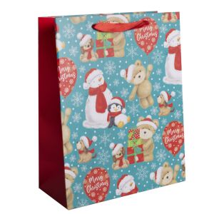 Pungă cadou de Crăciun cu design cu om de zăpadă, pinguin, ursuleț de pluș și câine - Ambalaje cadouri