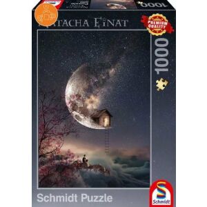 Schmidt Whispered Dream 1000-teiliges Puzzle, zeigt ein Haus auf einem Halbmond vor einem sternenklaren Nachthimmel - Puzzle