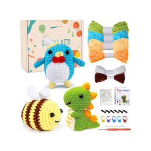 Kezdő horgolókészlet, tartalmazza a fonalat, horgolótűt, biztonsági szemeket és útmutatót egy pingvin, méhecske és dinoszaurusz amigurumi elkészítéséhez - Kreatív játék