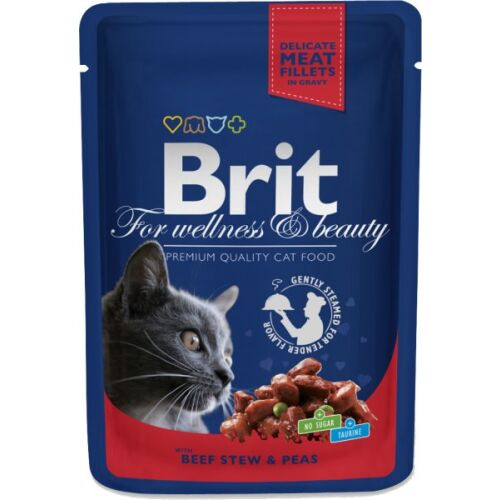 Brit Premium Katzenfutter, Rindfleisch-Eintopf & Erbsen, 100g Beutel, für erwachsene Katzen