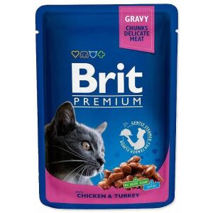 Brit Premium Cat Kurczak i Indyk 100g - Saszetka z mokrą karmą dla kota z sosem, kawałkami delikatnego mięsa, bez dodatku cukru - Trzymanie kotów