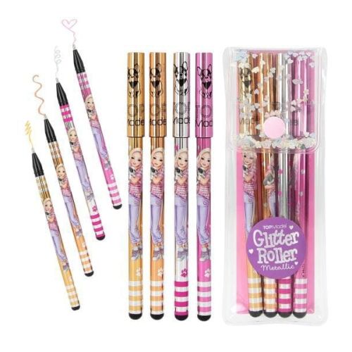 Zestaw 4 żelowych długopisów TOPModel Glitter Roller Metallic w kolorze złotym, srebrnym, brązowym i różowym ze słodkim wzorem psa