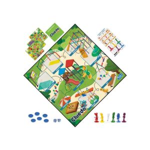 Cluedo Junior társasjáték, kétoldalú játéktáblával, játszótér és tudományos labor témával, játékos figurákkal, kártyákkal és kockákkal - Hasbro