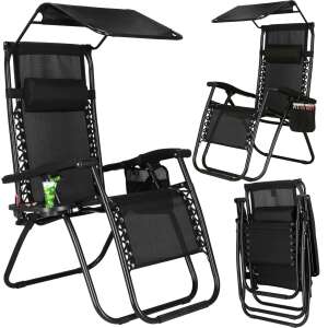 Springos Zero Gravity fekete kerti szék napernyővel, pohártartóval és oldalsó zsebbel, több nézetből - Springos